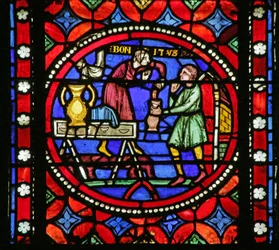Window depicting Scene from the life of Saint Bonnet: Saint Bonnet pouring out wine